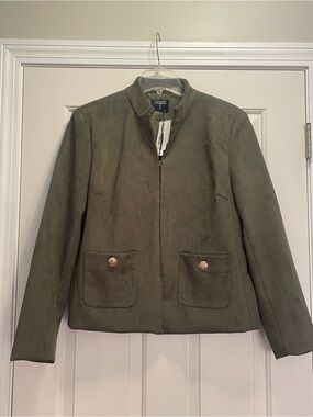 T Tahari Olive Collarless Suede-Style Jacket
